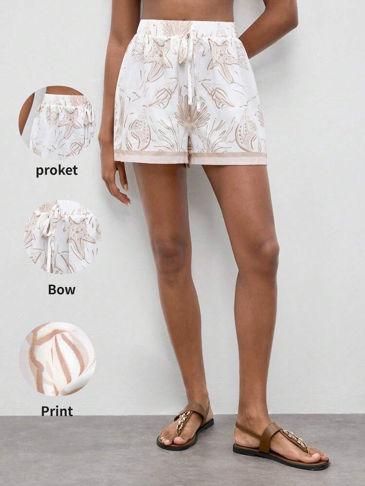 SHEIN Maija Women's Starfish Pattern Tie-Waist Casual Vacation Shorts,Going Out Outfits,Casual Outfit For Women,Summer Holiday Outfits ,Beach Vacation Outfits For Women,Vacation Outfits Women,Summer Holiday Outfits ,Beach Vacation Outfits For Women Printed Shorts Lace Up Shorts Women's Shorts Summer Short Outfits For Women Woman Summer Outfits