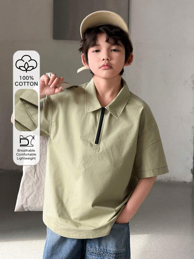 Tween Boy Solid Color Half Placket Short Sleeve Casual Shirt Summer