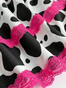 Sweetra 大码夏季时尚奶牛印花撞色蕾丝边伞裙 - 黑色 - 查看 7