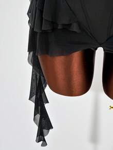 Mistrie Mono sexy de cuello halter, diseño de espalda profunda y sin espalda, dobladillo asimétrico con volantes de malla, estilo ajustado y ceñido al Body - Negro - Ver 5