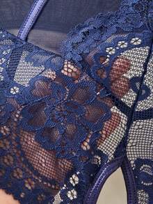 SHEIN Conjunto de 4 piezas que incluye body con contraste de encaje y malla, con copas con aros y 2 piezas de ligueros para salir - Azul Marino - Ver 4
