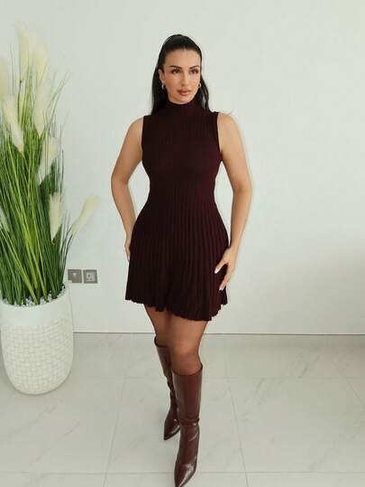 MDEdit 女式简约时尚立领无袖 A 字迷你罗纹针织连衣裙