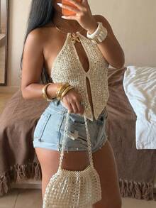 Sunnyshic Women's Apricot Fashionable Versatile Metal Beaded Necklace Knit Top, Vacation Style For Summer - Apricot - View 8