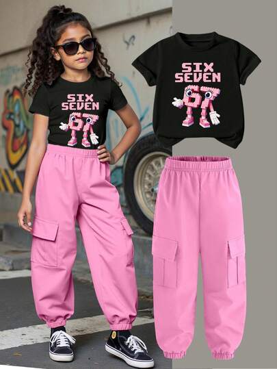 2 Parça/Set Genç Kız Yıldız ve 67 Numaralı Grafik Tişört ve Kargo Pantolon Takımı, Moda Yuvarlak Yaka Kısa Kollu Tişört ve Günlük Pantolon, Partiler, Festivaller, İlkbahar/Yaz İçin Uygun, Dış Mekan, Kampüs ve Hediye İçin Rahat ve Günlük Kıyafet