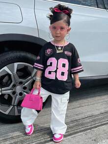 年轻女孩休闲日常时尚街头风圆领数字印花黑粉色T恤 - 粉色 - 查看 1