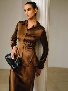 ZEYLAH 2pcs Elegant Fitted Ruched Satin Set, Spring/Summer - Coffee Brown - View 2