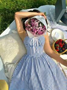 SHEIN MOD Vestido midi de estilo romántico y campestre con estampado de cuadros rojos y blancos - Celeste - Ver 5