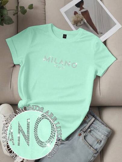 SHEIN CURVE+ Plus Size Women's Slogan MILANO ITALY Letter Printed T-Shirt Short Sleeve Casual Top MILAN ITALY Graphic Tees Women Tops