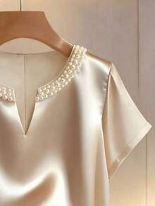 Franclia Women's Champagne-Colored Elegant Satin Round Neck V-Neck Sleeveless Blouse, Summer Holiday, Vacation, Commuting, Showcasing Everyday Elegance - Champagne - View 5
