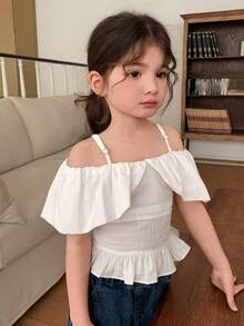 DAZY 年轻女孩纯色褶皱下摆休闲百搭日常穿着吊带衫 - 白色 - 查看 4