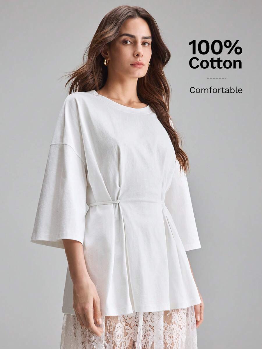 Ontre White Comfortable Moisture-Wicking Loose Fit Dropped Shoulder 3/4 Sleeve Pleated Front Tie-Waist Romantic Urban Chic Elegant Cruise Wear, Wedding Guest Attire, Business Casual Office Wear, Modest Middle Eastern Style Essential, Collegiate Back-To-School Campus, Wedding Series Design Women T-Shirt - White - View 1