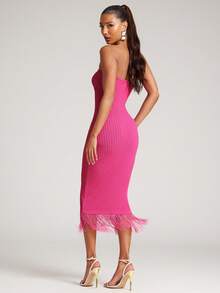NYA SZN Dress Sleeveless Strapless V Neck Fitted Bodycon Textured Pink Fringe Hem Detail Outfits For Women - Hot Pink - View 2