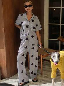 DAZY 两件套心形条纹图案短袖开衫上衣和直筒长裤女士夏季睡衣套装 - 黑色 - 查看 3