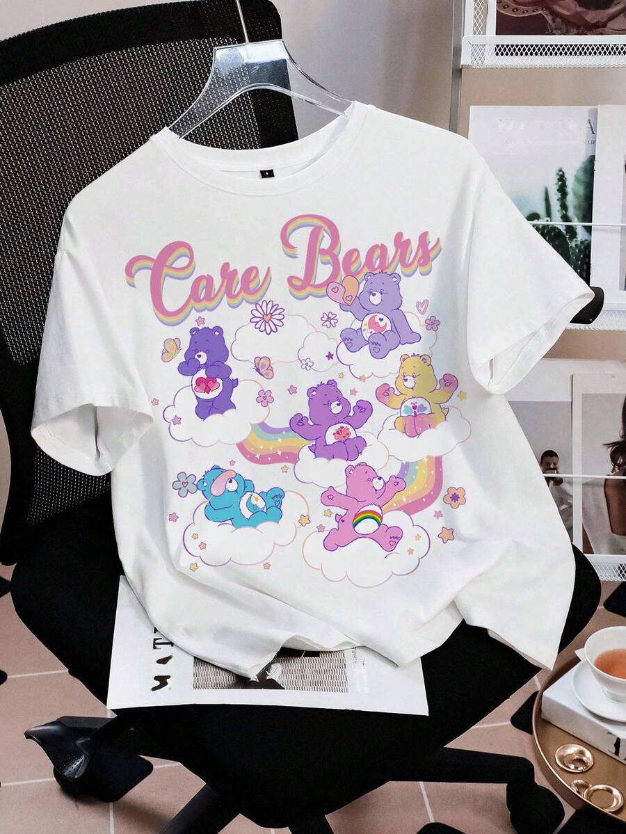 SHEIN X Care Bears Women's Casual Cartoon Print Short Sleeve T-Shirt, Summer - White - View 1