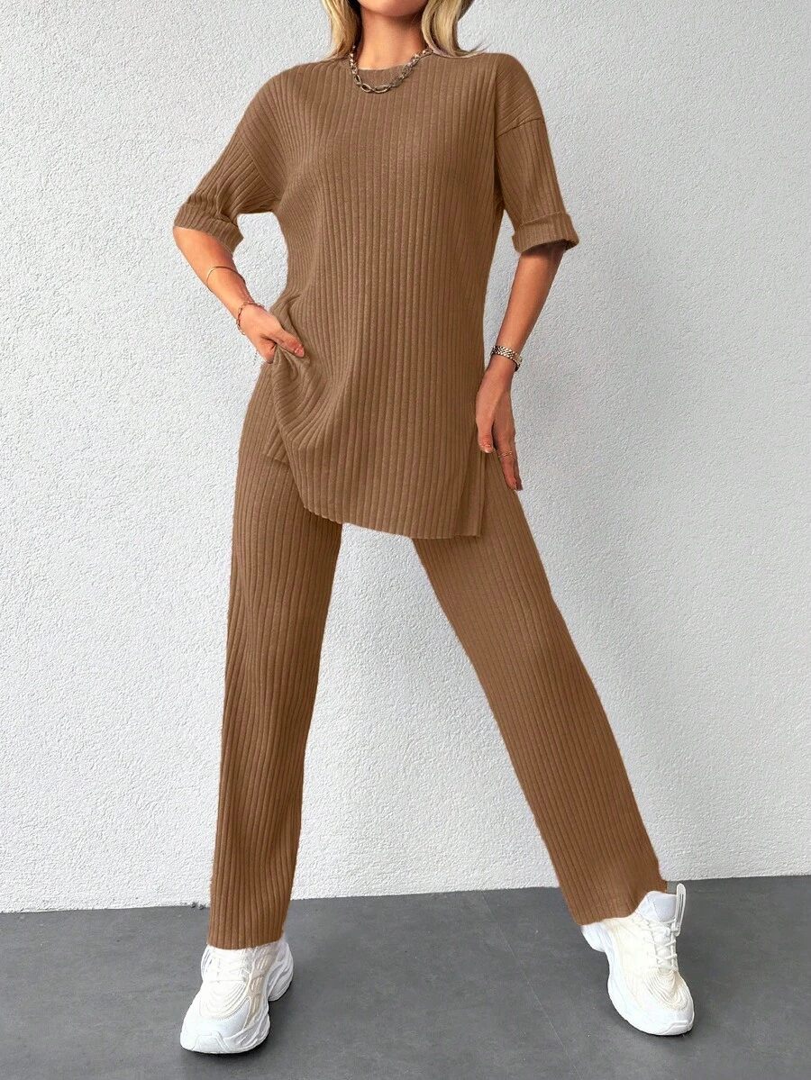 EURMUSE Drop Shoulder Split Hem Tee & Pants - 棕色 - 查看 1