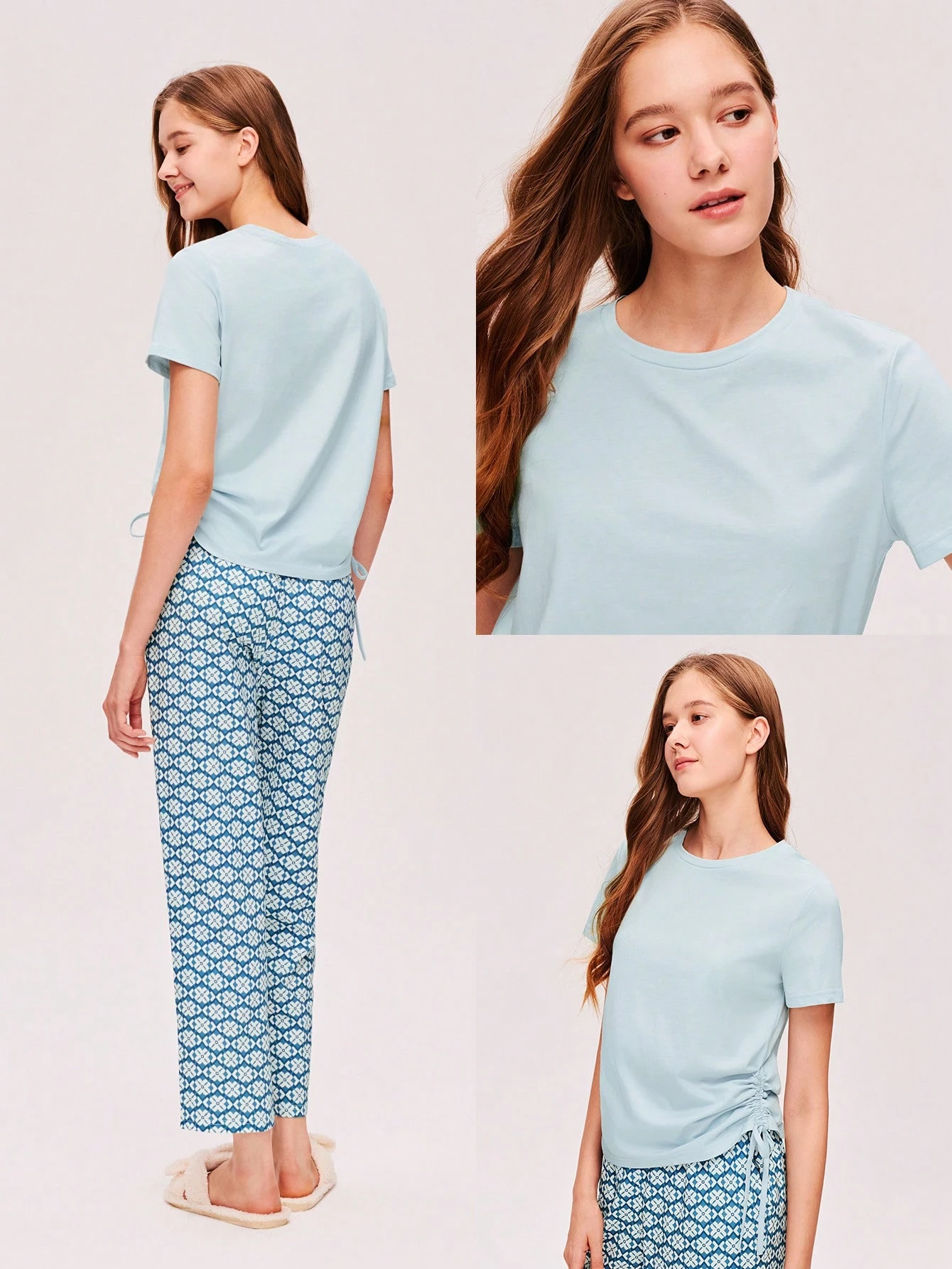 Sommer Insel Stil weiches Baumwoll-Blau Urlaubs romantische Falten Kurzarm Basic Crew Neck Top & bedruckte Hose Loungewear luftige Pyjama Set Urlaubs Hose mit Taschen Hose mit Taschen Damen Lingerie als Oberbekleidung, Frühling und Sommer Pyjama Capri Zweiteiler Mode Casual Bequeme Outfits