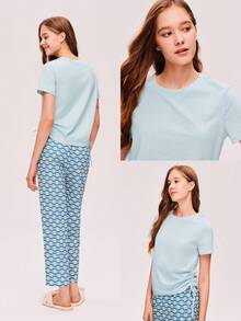 LUVLETTE Summer Lsland Style Soft Cotton Blue Vacation Romantic Pleats Short-Sleeve Basic Crew Neck Top & Printed Pants Loungewear Airy Pajama Set Vacation Pants With Pockets Pants With Pockets Women Lingerie As Outerwear,Spring And Summer Pyjama Capri Two Piece Set - Baby Blue - View 3