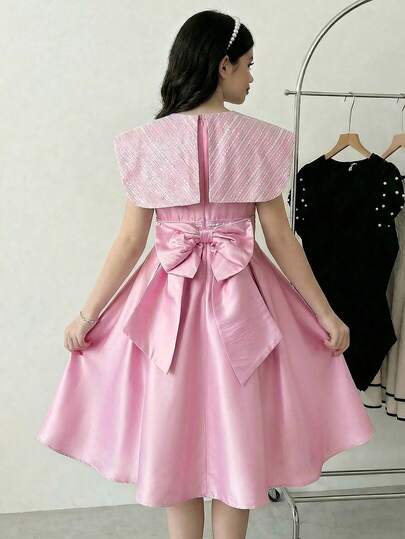 Elegant Light Pink Lace Patchwork Oversized Collar Satin Sleeveless Dress For Teen Girls