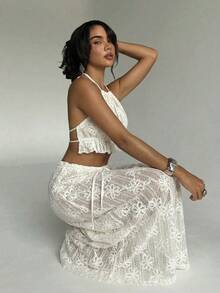 Aloruh Bộ đồ hai mảnh màu mơ mới dành cho nữ, gồm áo không tay và chân váy dài, họa tiết hoa jacquard xuyên thấu thanh lịch và gợi cảm, trang phục lãng mạn cho mùa cưới, kèm áo khoác ngoài, thích hợp cho kỳ nghỉ biển. - Màu be - Xem 9