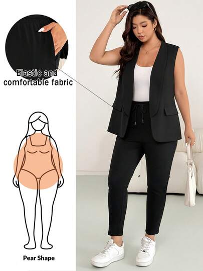 Shapeblank Traje de mujer talla grande de primavera/verano, estilo casual, elástico y cómodo, versátil y estilizador, chaleco sin mangas y pantalones de cintura elástica en color negro. Ropa de trabajo, ropa de primavera, estilo sencillo, traje formal, estilo de negocios