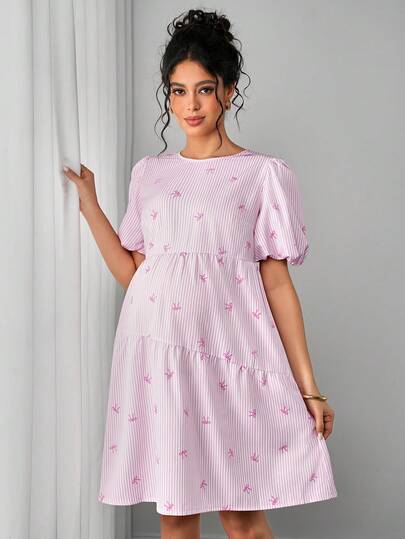 Momance Maternity Dress With Double-Layer Lantern Sleeves, Round Neck A-Line Silhouette, Multi-Layer Digital Printed Dress