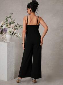 Momance 孕妇可调节肩带连体裤，珍珠花朵设计，双层针织提花面料，直筒裤型 - 黑色 - 查看 2