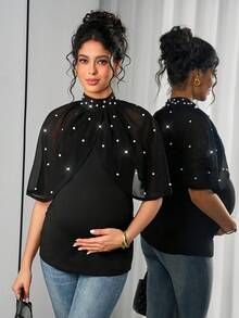 Momance Maternity T-Shirt, Chiffon Pearl Shawl Collar Knit Fitted - Black - View 3
