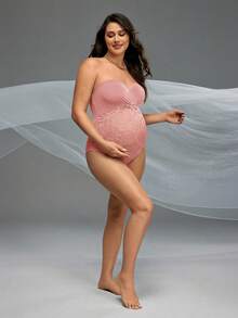 Cheriluna Maternity Mono de maternidad elegante de unicolor con parches de encaje para sesión de fotos - Rosa - Ver 6