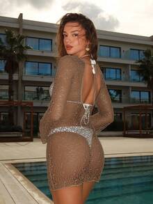 Bonvoyette Women's Spring/Summer Beach Dress, Flare Sleeve Mesh Fitted Waist Backless Long Sleeve Vacation Dress With Cover-Up - Coffee Brown - View 2