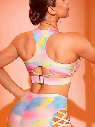 Menodora SHEIN Sport 女士扎染印花露背钢管舞舞蹈服运动上衣和运动文胸