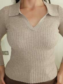 MDEdit Women's Casual Fitted Long Sleeve Sweater, Autumn - Khaki - View 4