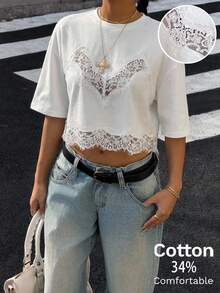 Muchica 女士休闲纯色蕾丝拼接T恤，夏季 - 白色 - 查看 1