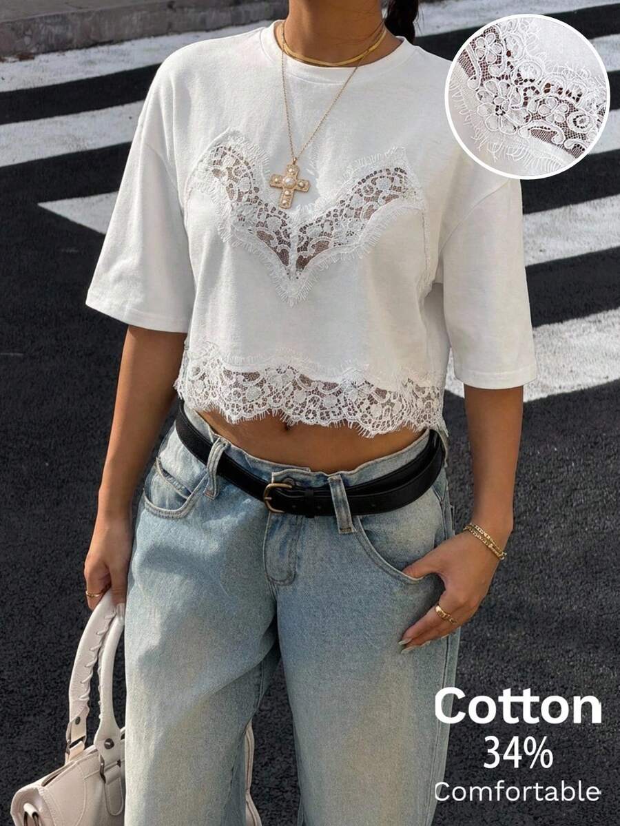 Muchica 女士休闲纯色蕾丝拼接T恤，夏季 - 白色 - 查看 1