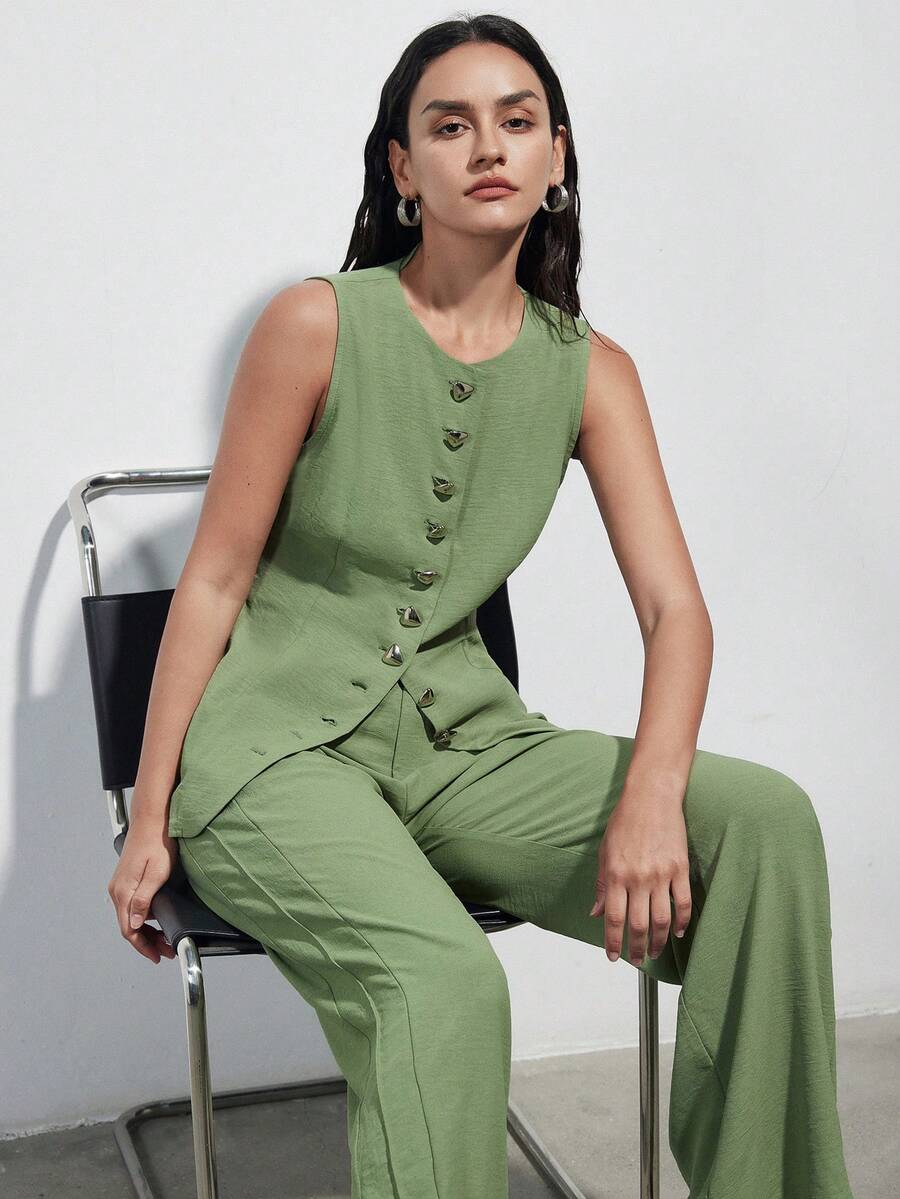 Aveloria Modichic 新款优雅圆领单排扣无袖西装外套搭配西裤，女士收腰百搭商务套装两件套 - 綠色 - 查看 1