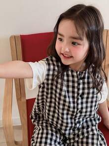 DAZY 女婴格子亚麻无袖连体衣，韩版宽松连体衣夏季女童服装 - 黑與白 - 查看 6