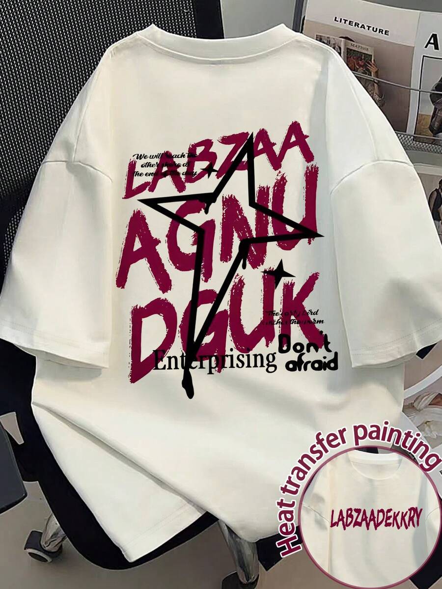 EMERY ROSE 女式涂鸦风格名人图案休闲T恤街头服饰 - 创意标语印花宽松落肩T恤美式复古高街嘻哈风格字母休闲T恤 - 白色 - 查看 1