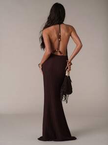 SHEIN BAE Elegant Dark Brown Textured Fabric Halter Dress With Beaded Decor,Summer Night Out Casual Resort Pool Party Beach Vacation Dresses For Women - Coffee Brown - View 2