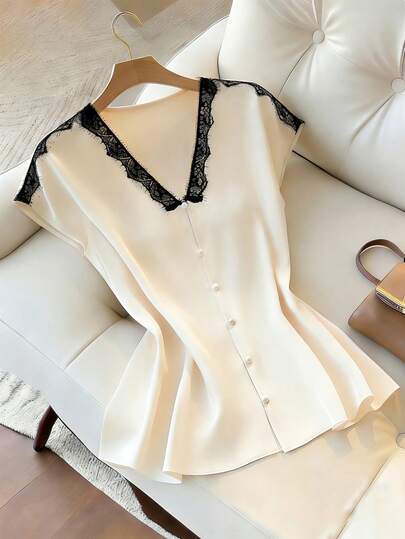 Franclia Modische elegante Bluse für Damen, lässiges Spitzen-Patchwork Hemd, apricotfarbene Strickjacke, Sommer Oberbekleidung