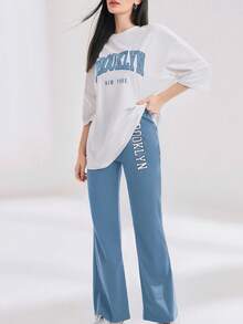 Mulvari 女士字母印花圆领T恤和裤子套装2件套 - 藍色 - 查看 2