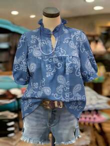 Linhara Plus Size Linen-Feel Embroidered Casual Short Sleeve Blouse For Women, Spring/Summer - Blue - View 1
