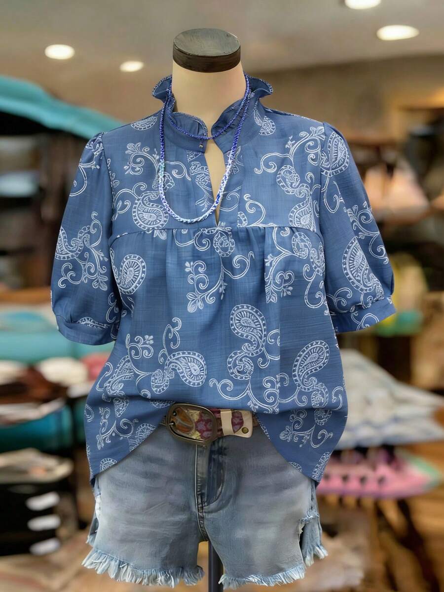 Linhara Plus Size Linen-Feel Embroidered Casual Short Sleeve Blouse For Women, Spring/Summer - Blue - View 1