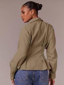 Athîral Women's Striped Waist Cinched Long Sleeve Dropped Shoulder Pleated Blouse - Khaki - View 6