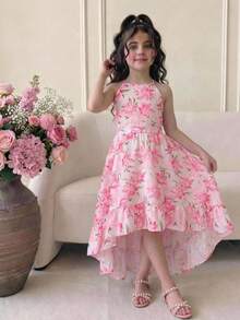 SHEIN Vestido de gasa con estampado floral, cuello redondo, tirantes finos, dobladillo asimétrico, para niñas, color rosa - Rosa - Ver 7