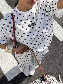 Muchica Bộ đồ 2 món cỡ lớn mùa hè, kiểu dáng thường ngày, họa tiết chấm bi: áo thun và quần. - Đen và trắng - Xem 5