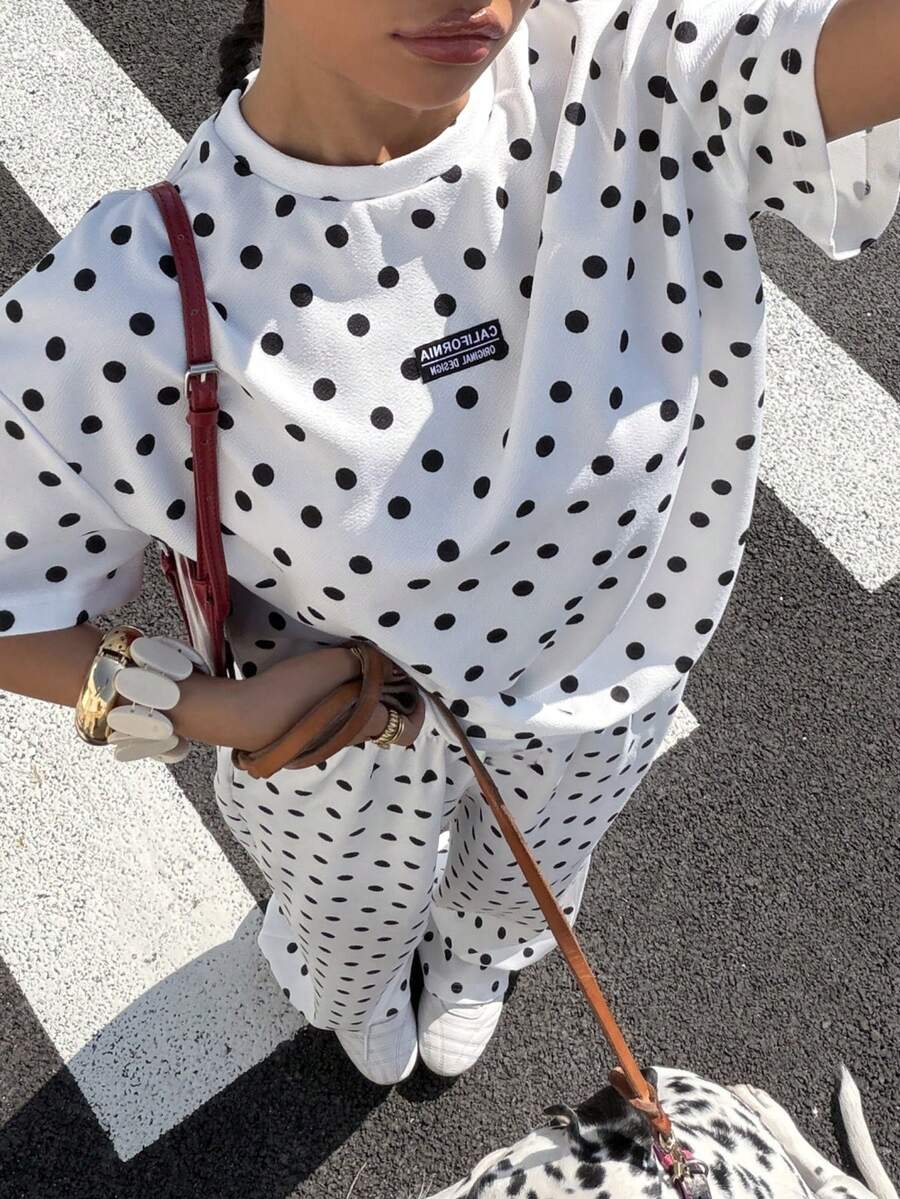 Muchica Plus Size Summer Casual Polka Dot Print T-Shirt And Pants 2 Pieces Set - Black and White - View 1