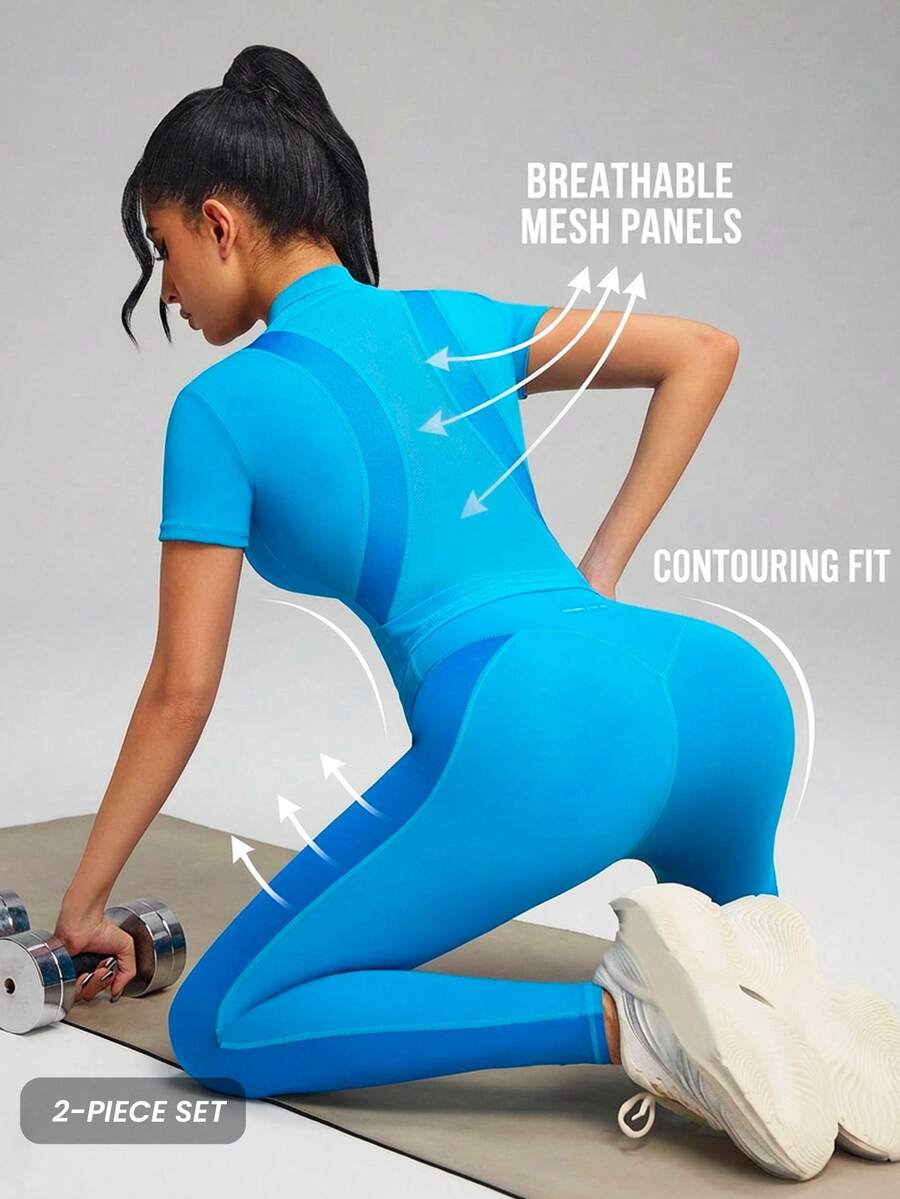 Innovista Innovista Contrast Color Zipper Front Shapewear Top And High Waist Leggings Sports Equestrian Outfit - Blue - View 1