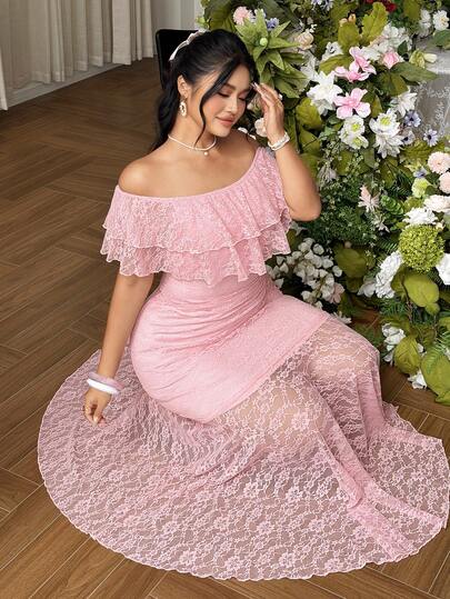 Celure Plus Size Off-Shoulder Ruffle Hem Elegant Commuter Lace Bodycon Maxi Dress