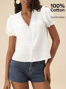 SHEIN TRVLCHIC Women's V-Neck Lace Casual Versatile Daily Wear Petal Sleeve Blouse,Summer Top Lace Trim Blouse Blouses Classic Blouses For Women - White - View 4
