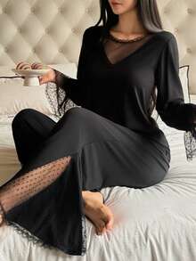 DAZY Bộ đồ ngủ nữ cổ tròn tay dài bằng vải lưới và quần ống rộng, kiểu dáng thường ngày. - màu đen - Xem 1