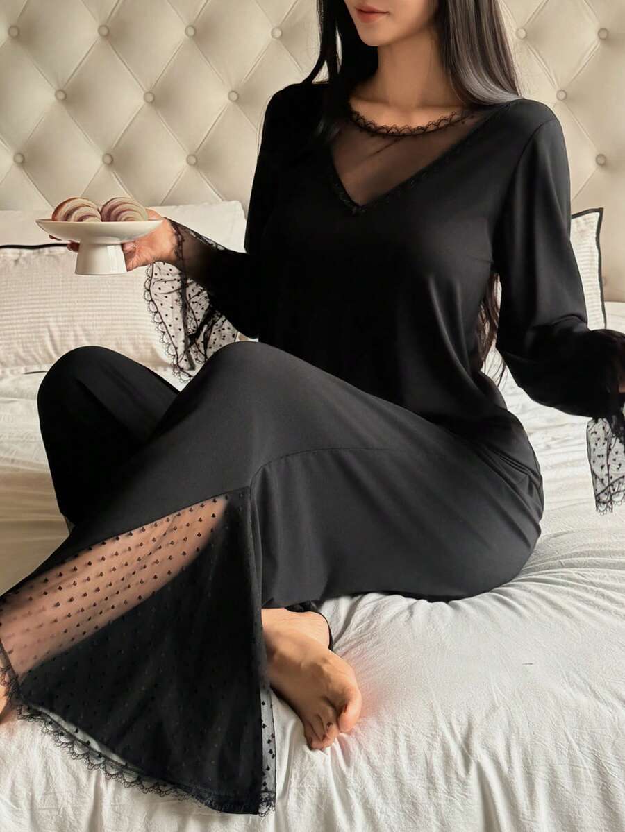 DAZY Bộ đồ ngủ nữ cổ tròn tay dài bằng vải lưới và quần ống rộng, kiểu dáng thường ngày. - màu đen - Xem 1